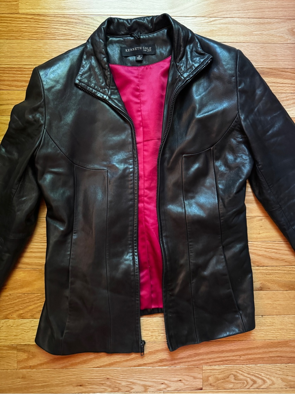 Kenneth Cole Black Leather Jacket with Pink Lining